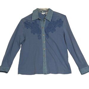 Free People-Together Size 1X Blue Button-Up Shirt Denim Accents & Embroidered Fl